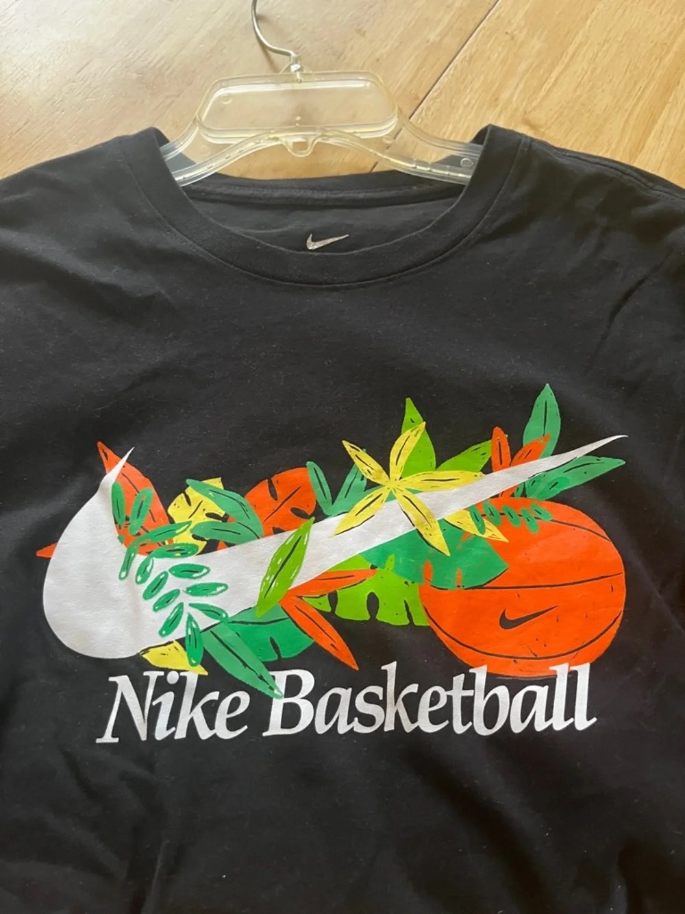 Nike Black T shirt with Orange Basketball and Multicolor Tropical Swoosh medium